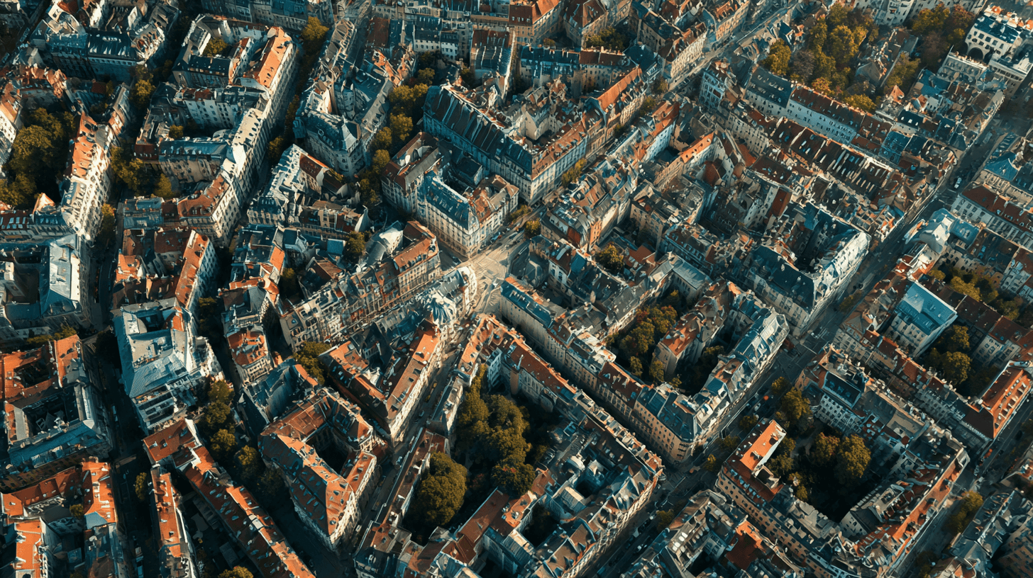 Aerial view of European city revealing urban patterns