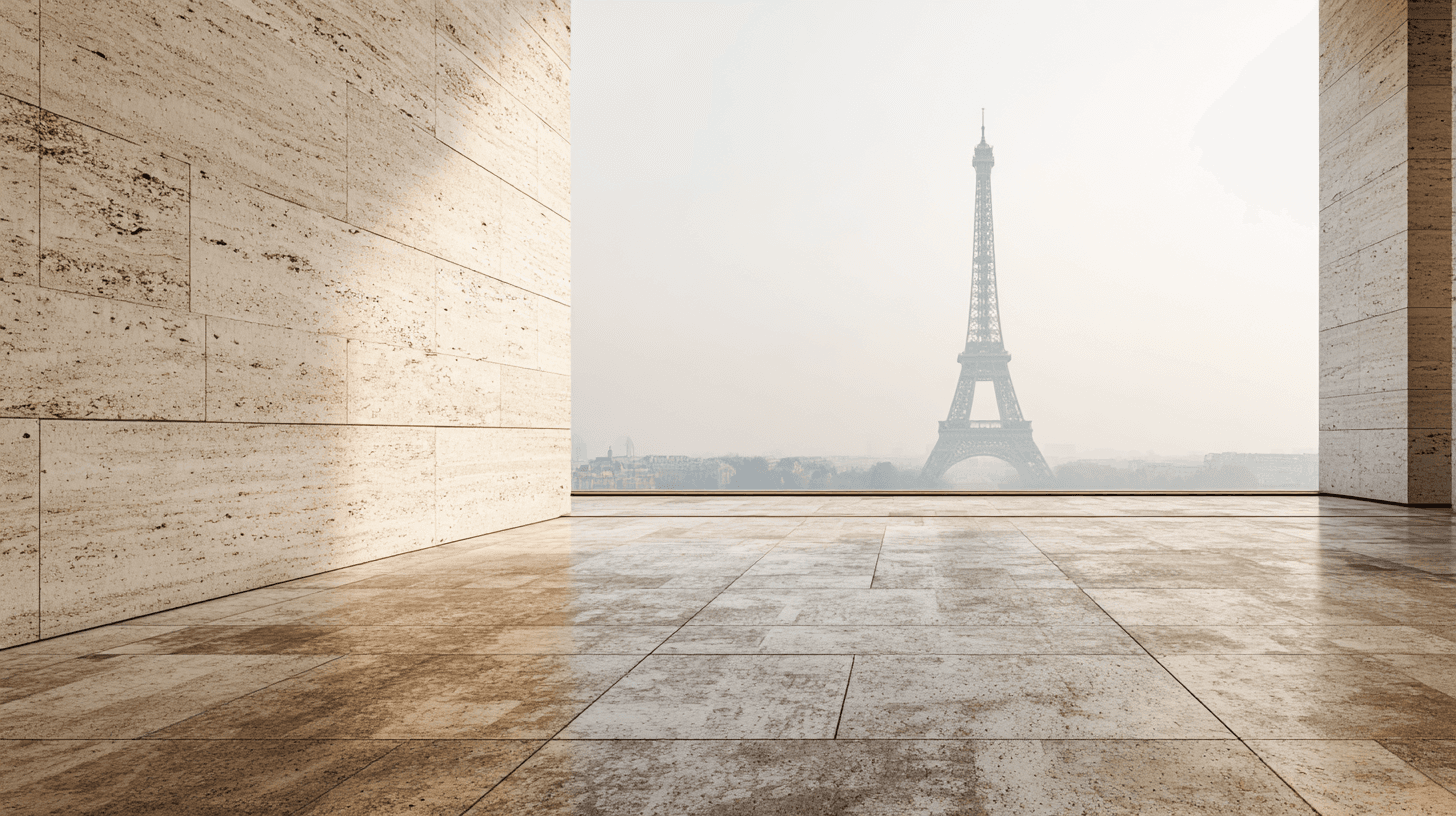 Architectural perspective framing the Eiffel Tower